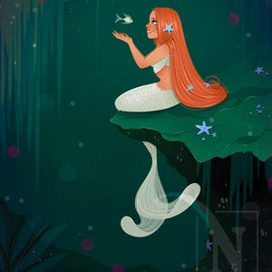 Lush Haven – Impresión artística de sirena de pelo naranja – Arte mural de fantasía submarina – Impresión de 5x7, 8x10 y 11x14