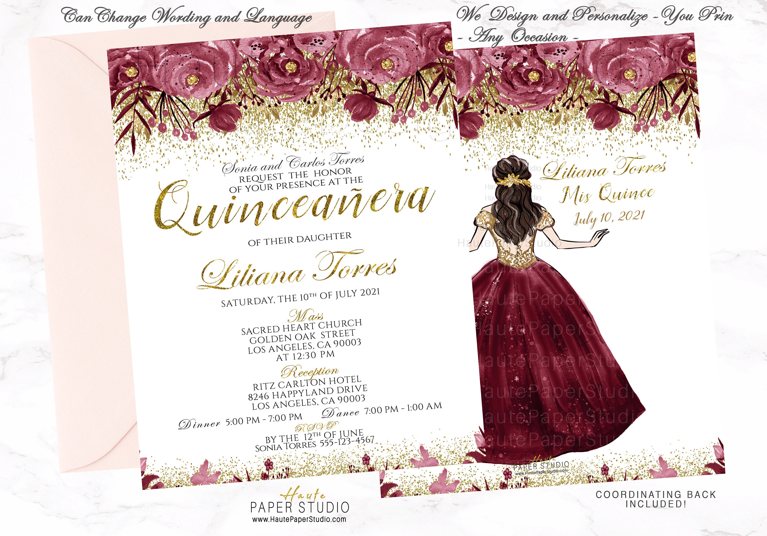 Burgundy Quinceanera Invitation Personalized Floral Spanish 5D7