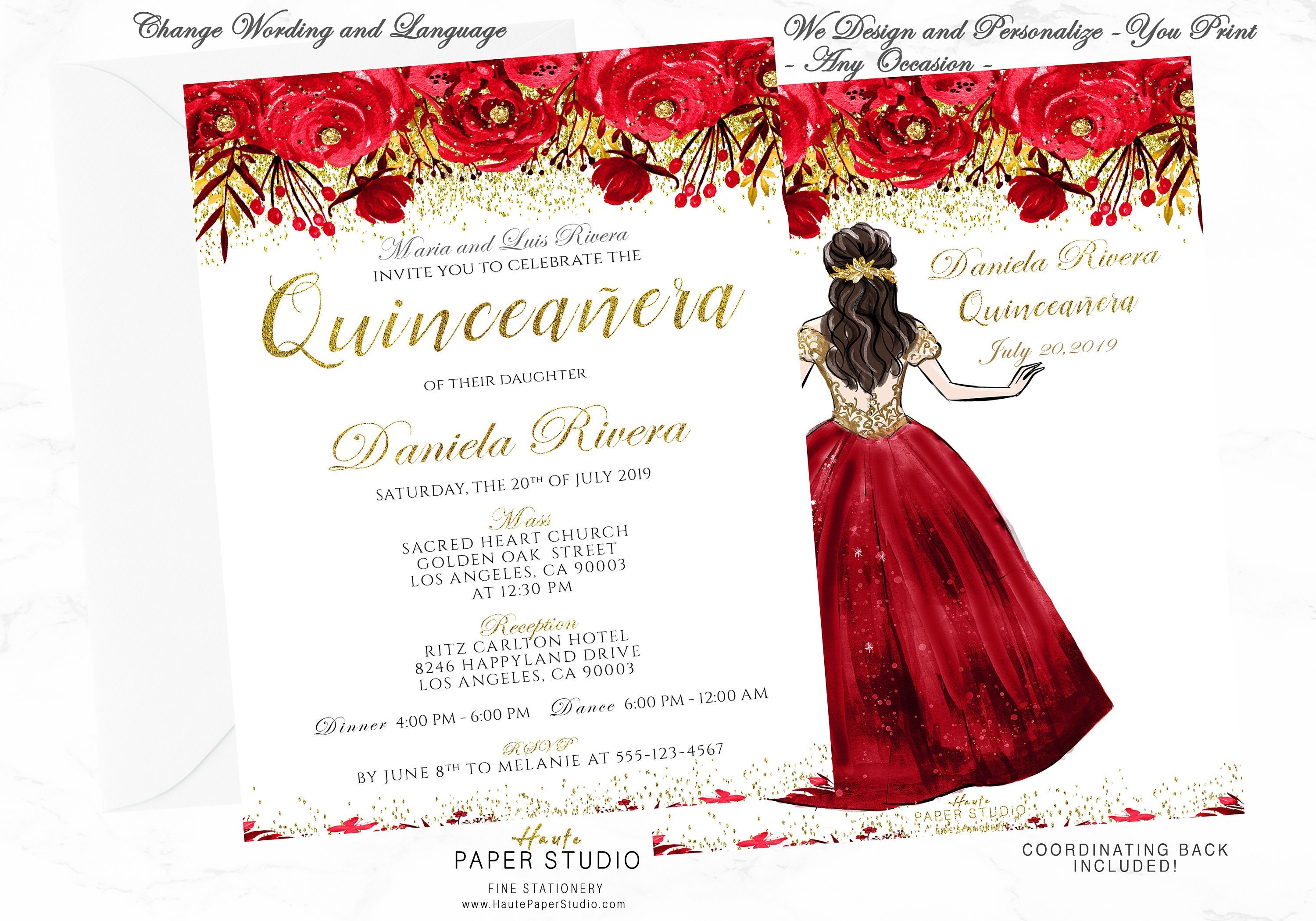 Red Gold Quinceanera Invitation Gold Red Sweet 16 Invitation | Etsy