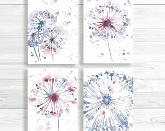 Dandelion Abstract Wall art Watercolor print Set of 4 Gray Pink Flower print Flower Floral Modern home Decor Minimalist prints Art Botanical