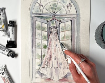 Aangepaste bruidsillustratie, trouwjurk portret, aangepaste jurk illustratie bruidskunstwerk cadeau-idee eerste verjaardag, mode-aquarel