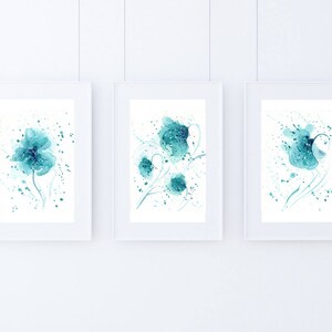 Set of 3 Turquoise Abstract Flower Art print Turquoise art Turquoise watercolor Minimalist Poster Botanical Print Aqua Blue Wall Art
