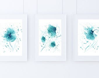 Set of 3 Turquoise Abstract Flower Art print Turquoise art Turquoise watercolor Minimalist Poster Botanical Print Aqua Blue Wall Art