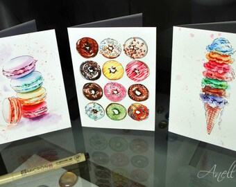 Greeting Card Set of 3 -  Watercolor Note Cards - Macaroons - Ice cream - Donuts -  Watercolor Print - Watercolor Painting Print of sweets
