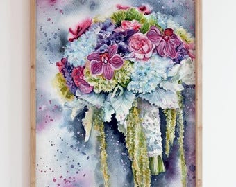 Custom Wedding Bouquet Painting, Hand Painted Watercolor Bridal Flowers Illustration, Wedding Keepsake