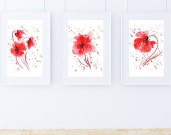 Set of 3 Red Abstract Flower Art print Red art Red watercolor Minimalist Poster Red illustration Botanical Print Red Wall Art