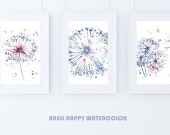 Gray Pink Dandelion Abstract art Watercolor print Set of 3 Flower print Flower Floral Modern Wall Decor Minimalist prints Art Botanical