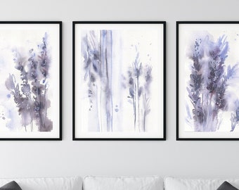 Conjunto de impressão artística em aquarela de lavanda roxa: decoração de parede floral abstrata, pôster tríptico moderno