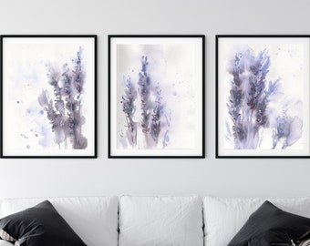 Conjunto de estampas em aquarela de lavanda: arte abstrata floral roxa, decoração de fazenda