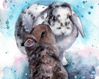 Hand-Painted Custom Multi Pet Portrait: Original Watercolor Bunnies Painting