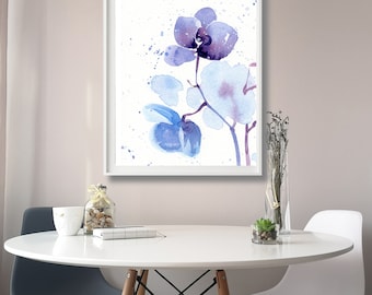 Orchid Painting Orchid Watercolor Flower Print Abstract flower Blue print Botanical Flower Painting Wall Decor Rustic interior Art Poster