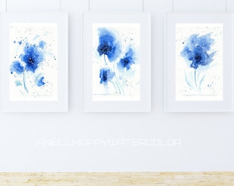 Blue Flower Watercolor Prints: Set of 3 Abstract Floral Paintings