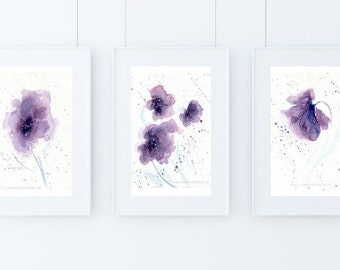 Conjunto de impressão em aquarela de flores roxas: arte de parede floral abstrata