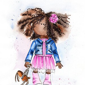 May include: A watercolor painting of a young girl with brown curly hair wearing a pink dress and a blue denim jacket. She is holding a brown and white stuffed animal. The girl has a pink flower in her hair.