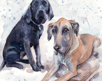 Custom Watercolor Two Dog Portrait: Original Hand Painted Pet Art