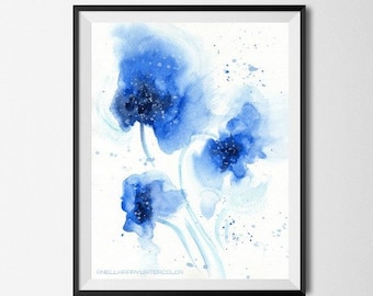 Impresión de acuarela de flores azules: arte floral abstracto para pared