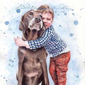 Original custom dog portrait with kid, Hand painted dog and owner watercolor, Pet and owner painting, Gift for kids Children and pet art