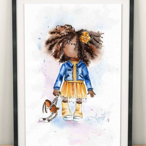 May include: Watercolor painting of a young girl with brown hair and a yellow flower in her hair. She is wearing a blue denim jacket, a yellow skirt, and brown boots. She is holding a brown and white stuffed animal. The background is a light blue watercolor wash.