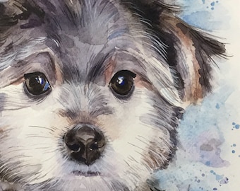 May include: Watercolor painting of a small, fluffy dog with brown and white fur. The dog has big, dark eyes and a sweet expression. The background is a light blue with white and purple splatter paint.