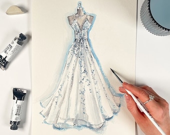 Handgeschilderde aangepaste trouwjurk aquarel mode-illustratie