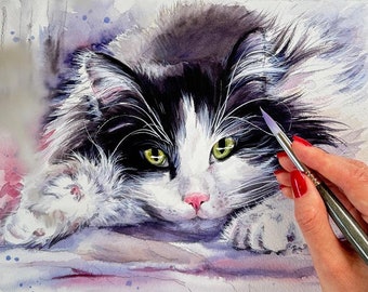 Handmålat kattporträtt Anpassat kattporträtt Anpassad husdjursmålning Akvarell Originalmålning Kattkonst Husdjur Akvarell från foto