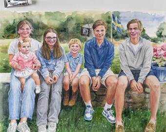 Familj Anpassad Akvarell Barnporträtt Från Foto, Multimålning