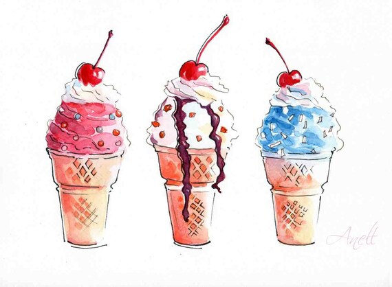 Ice cream watercolor Print Watercolor Painting Wall Decor | Etsy