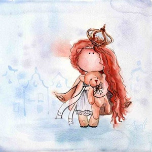 May include: A watercolor illustration of a girl with long red hair wearing a crown and a white dress. She is holding a brown teddy bear. The background is a light blue watercolor wash.