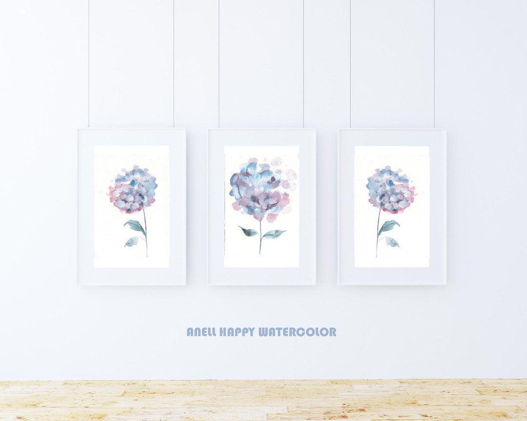 Hydrangea Print Abstract Art Watercolor Print Set of 3 Flower Pink ...