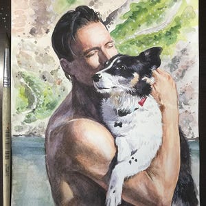 Origineel aangepast hondenportret met eigenaar, handgeschilderde aquarel van hond en eigenaar, schilderij huisdier en eigenaar, cadeau voor hem Portret van persoon en huisdier
