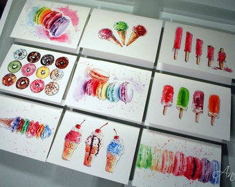 Set of 9 - Watercolor Note Cards - Greeting Card - Macaroons - Ice cream - Donuts -  Watercolor Print - Watercolor Painting Print of sweets