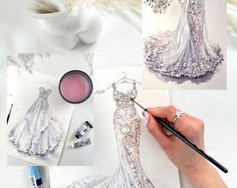手描きのカスタムウェディングドレスの水彩画イラストブライダル