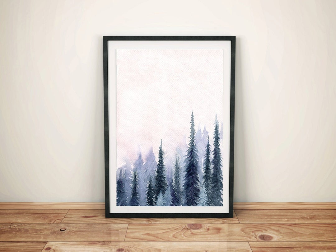 Nordic Misty Pine Tree Poster Nature Wall Art Forest Watercolor Print ...