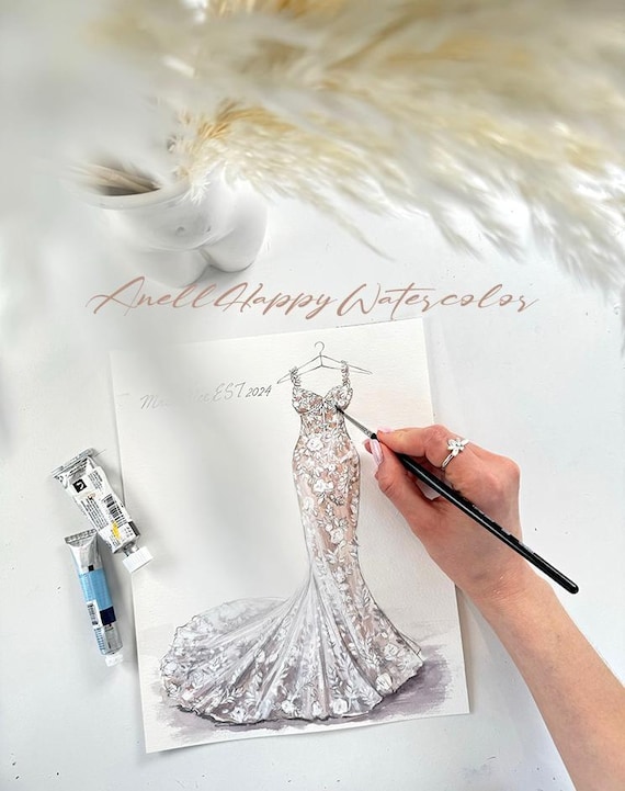 watercolor bridesmaid dress Hand painted Custom Wedding Illustration Bridal dress painting Wedding dress portrait from photo dress sketch The sweetheart neckline is mfgstyle_702067s Capri Knit Swim Cover-Up Size:Kids Girl 12T