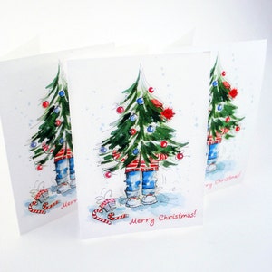 Weihnachtskarte - Set Grußkarten - Frohe Weihnachten - Aquarell Druck - Tannenbaum - Maldruck - Kinderzimmer Karten - Kleiner Junge