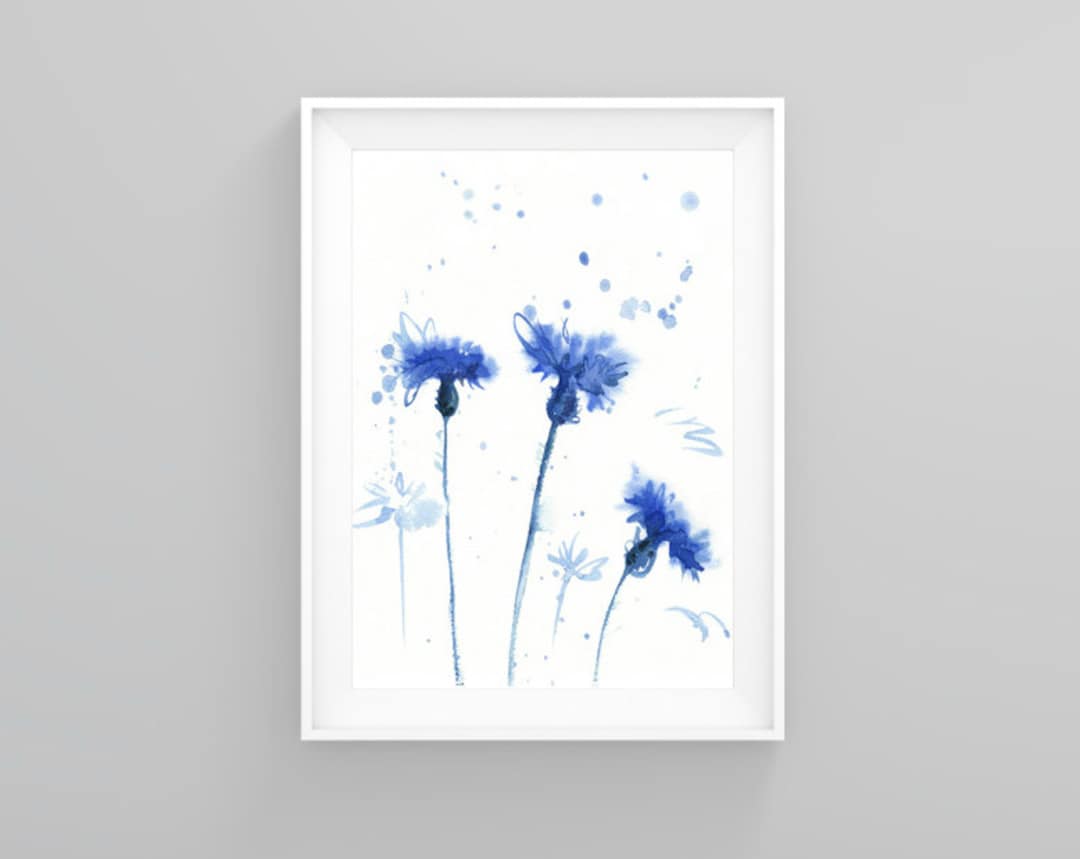 ヤグルマギクの水彩画：青い花のジクレー壁アート - Etsy 日本