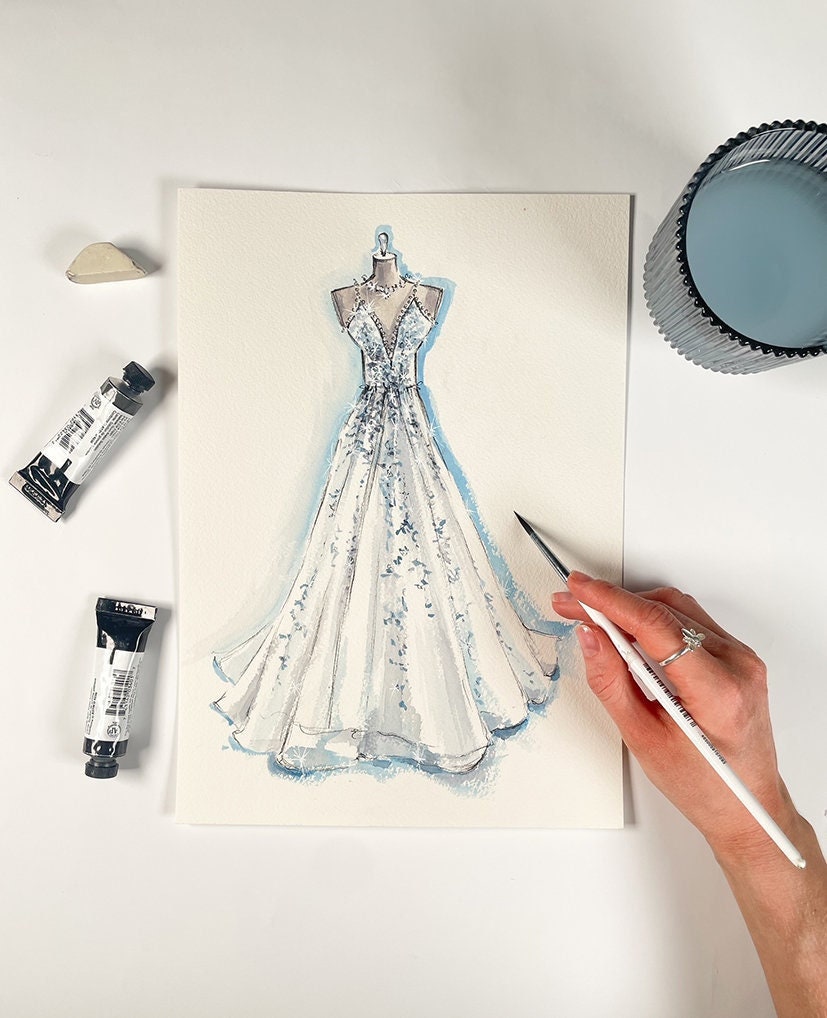Custom Fashion Illustration - Fashion Dress Sketch on Tonal Paper