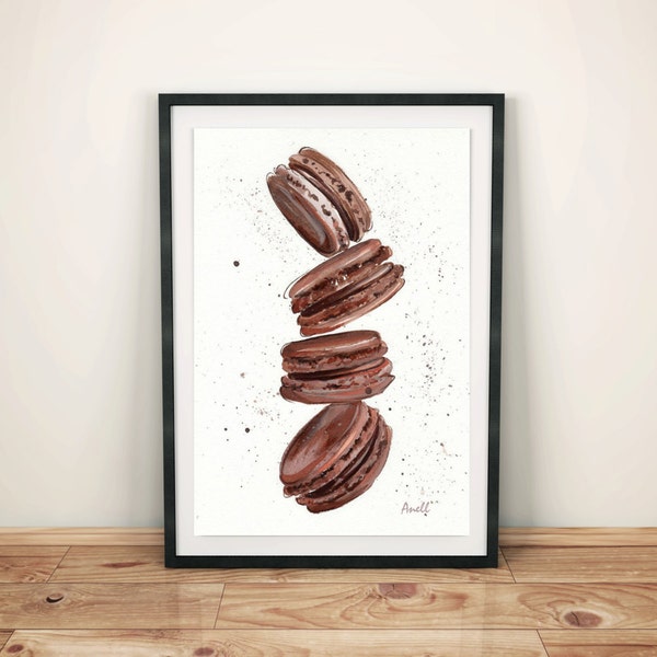 Impression Aquarelle Macaron au Chocolat - Peinture - Décoration murale Pâtisserie Chocolat - Affiche Giclée Impression murale Maison Décoration murale - Impression chambre bébé