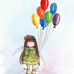 May include: Watercolor illustration of a doll-like figure holding a bunch of colorful balloons. The figure has long brown hair, a green dress, and yellow shoes. The balloons are red, orange, yellow, blue, green, and purple.