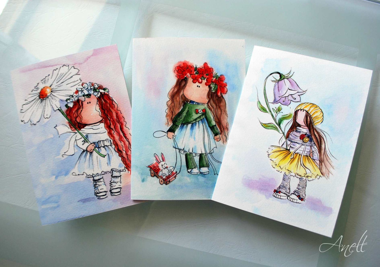 Set of 3 Little girls watercolor Greeting Cards - Note Card - Baby Greeting Card - Sweets girls cards - Watercolor Painting Print of sweets