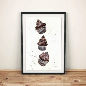 Chocolate Cupcakes watercolor Print - Painting - Chocolate Pastry Wall Decor - Poster Giclee wall print Home Wall decor - Fashion print