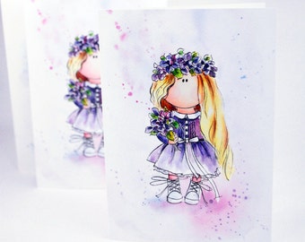 Little blond girl Card, Violetta card, Set Note Cards, Watercolor card, Purple card, Nursery Cards, Greeting card, Your inscription, Custom
