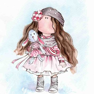 May include: Watercolor illustration of a doll holding a stuffed bunny. The doll has long brown hair, a pink dress, and a gray headband with a flower. The bunny is light blue and wearing a pink dress. The doll is wearing gray boots.
