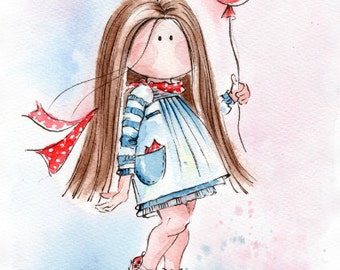 Watercolor Print - Little light brown haired girl with balloon - Watercolor Painting - Stylish little girl - Baby nursery print Kids room