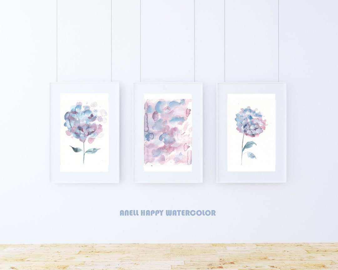 Blue Pink Hydrangea Abstract Art Watercolor Print Set of 3 Flower Pink ...