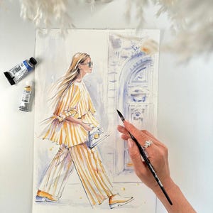 Handgeschilderde mode-illustratie van foto, aangepaste mode-illustratie Aangepaste mode-illustratie Aangepaste levensstijlschets galajurk