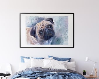 Impresión de acuarela de Pug: Póster de Pug de Bellas Artes firmado en Giclée