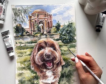 Custom Pet Portrait: Hand-Painted Watercolor Dog Painting with Landscape