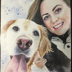 Origineel aangepast portret van hond en eigenaar, handgeschilderde aquarel hond en eigenaar, schilderij huisdier en eigenaar, cadeau hond en eigenaar
