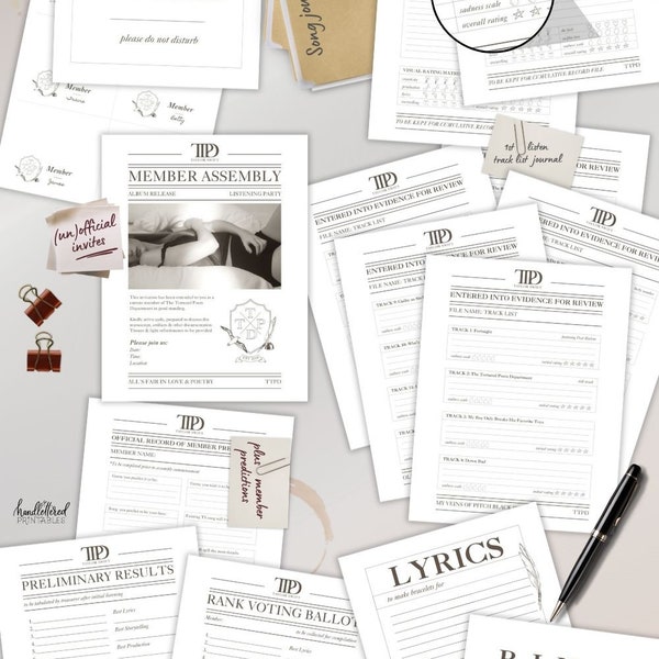 TTPD Printable Bundle | The Tortured Poets Department Listening Party Printable Pack | Track Journal, TTPD Bingo, Invite & More!